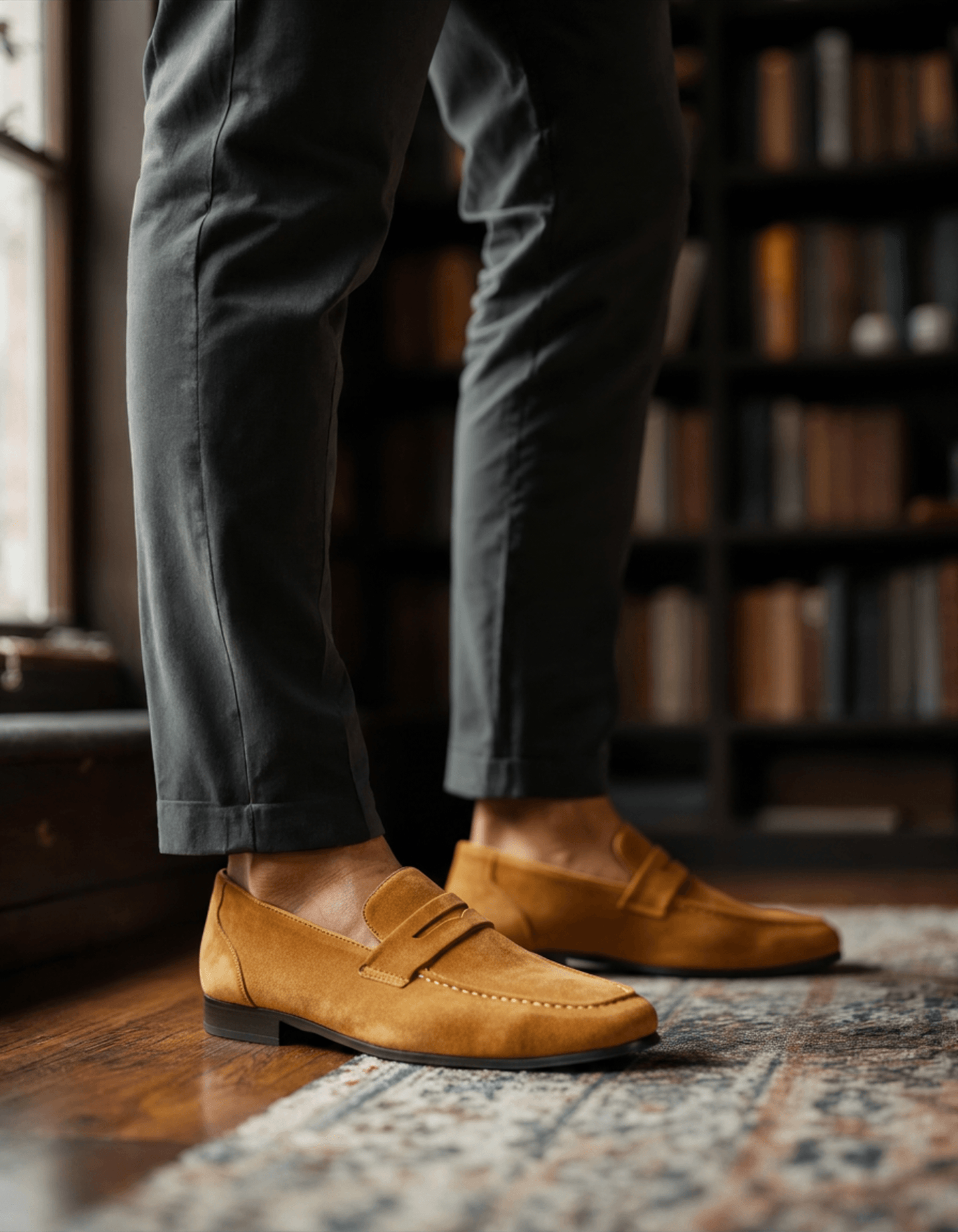 Lucien | Mocassins penny en daim noir à semelle cuir