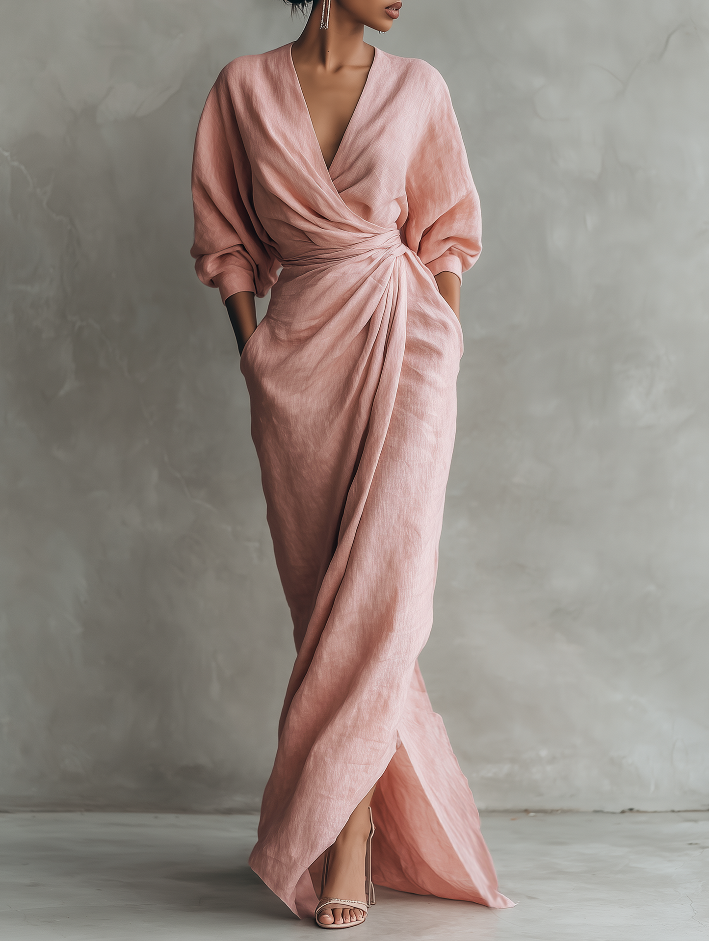 Robe longue drapée en lin mélangé