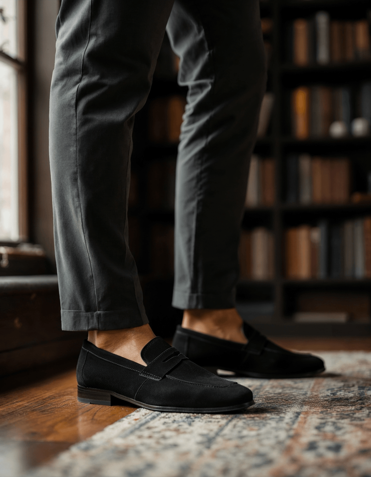Lucien | Mocassins penny en daim noir à semelle cuir