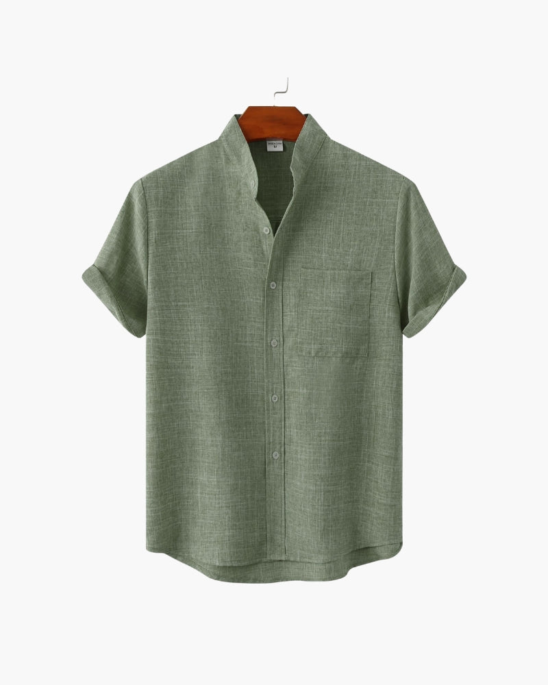 Armand | Chemise en lin vert sauge à col Mao manches courtes