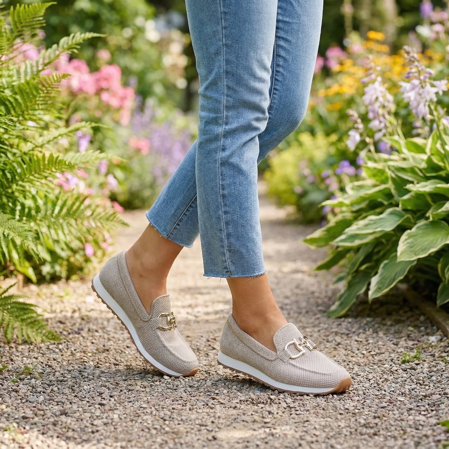 Camille | Mocassins en mesh beige à mors doré et semelle ergonomique