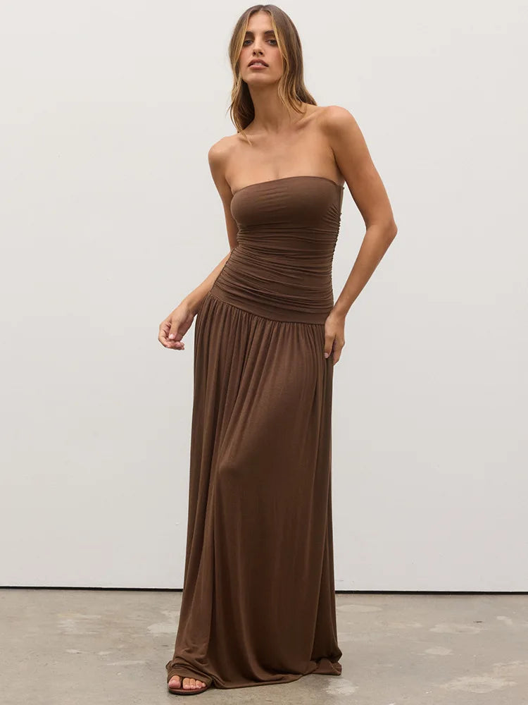 Séraphine | Robe longue bustier à taille froncée et jupe ample