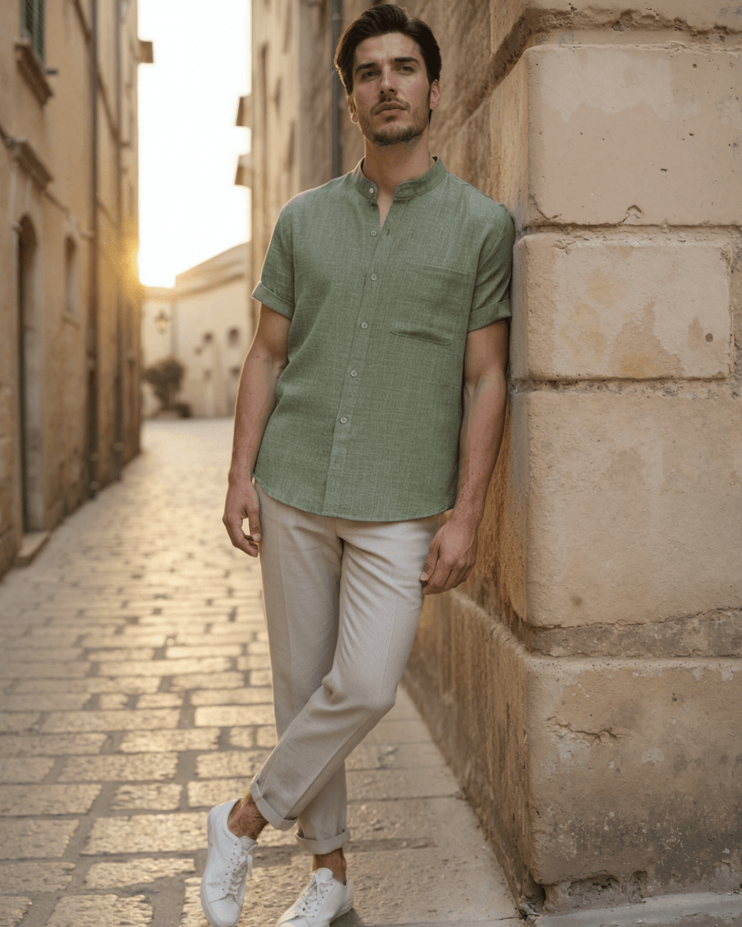 Armand | Chemise en lin vert sauge à col Mao manches courtes