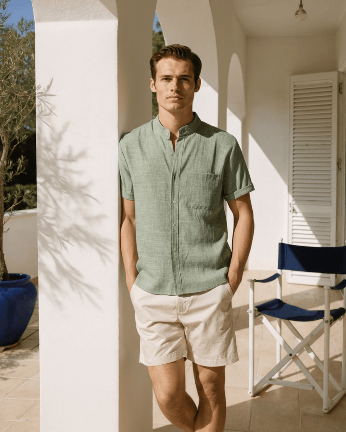 Armand | Chemise en lin vert sauge à col Mao manches courtes