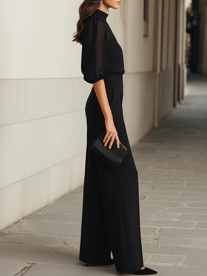 Adèle | Ensemble trois pièces en chiffon noir à pantalon palazzo