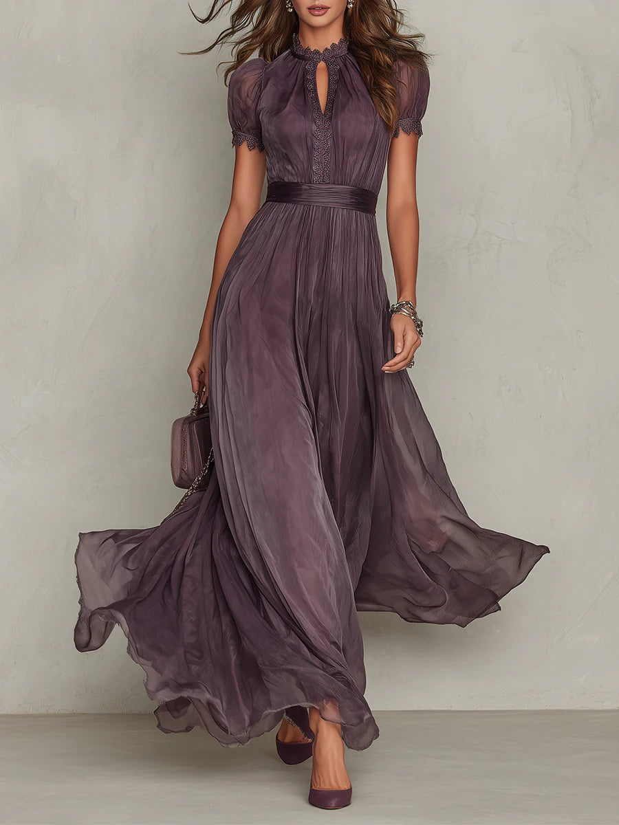 Flavie | Robe midi en tulle prune à col froncé et détails en dentelle