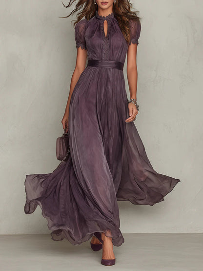 Flavie | Robe midi en tulle prune à col froncé et détails en dentelle