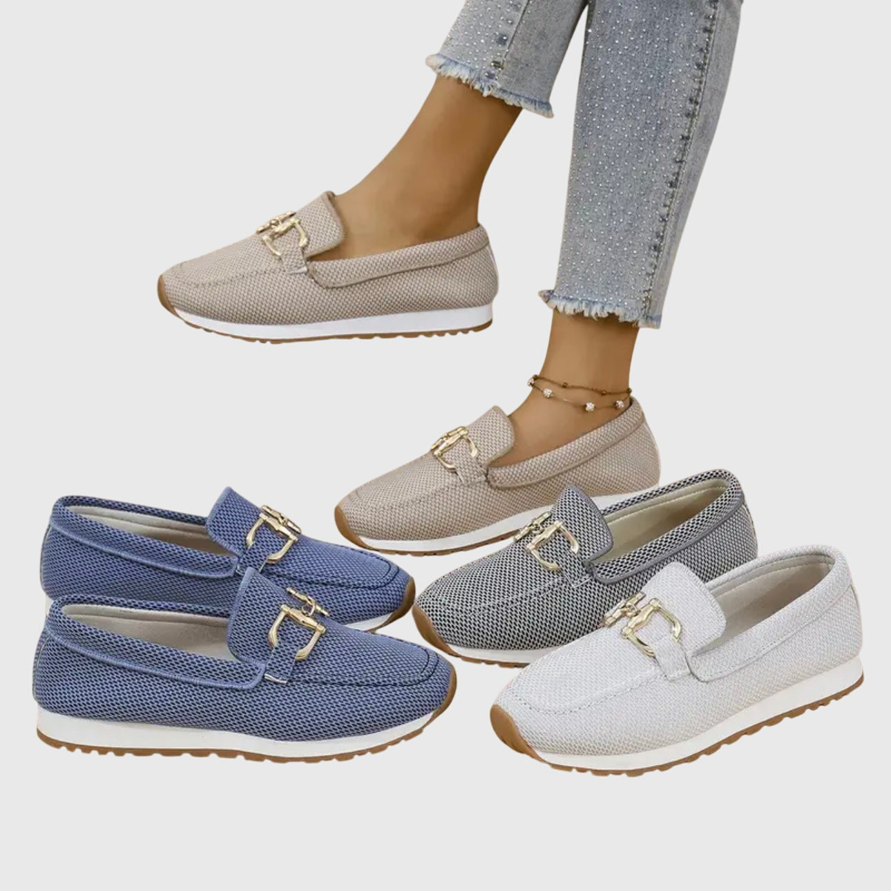 Camille | Mocassins en mesh beige à mors doré et semelle ergonomique