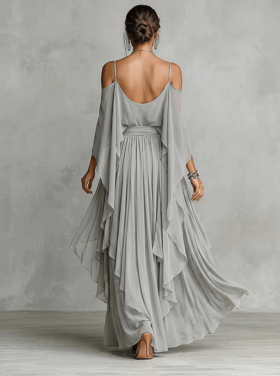 Isabelle | Ensemble longue en chiffon gris céladon à épaules dénudées