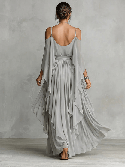 Isabelle | Ensemble longue en chiffon gris céladon à épaules dénudées