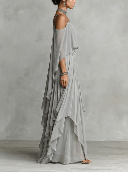Isabelle | Ensemble longue en chiffon gris céladon à épaules dénudées