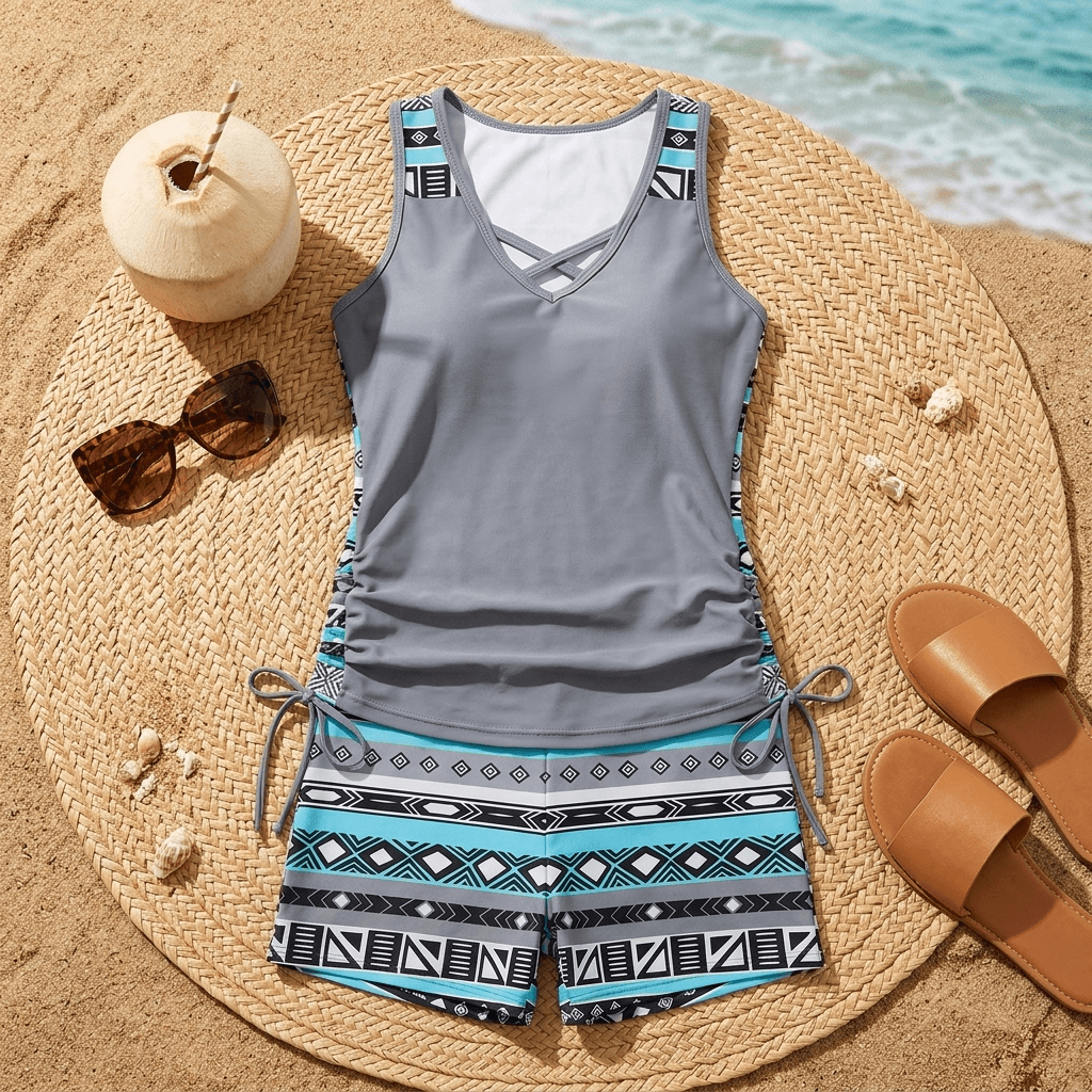 Solène | Tankini deux pièces à col en V croisé et côtés ajustables