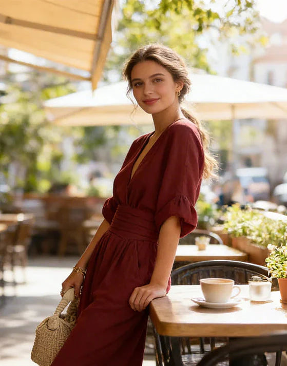 Dorothée | Combinaison pantalon blanche à col en V et ceinture drapée